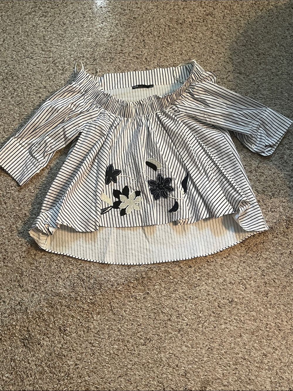 Ina Off-Shoulder Striped Blouse with Black Floral Embroidery - White/Black